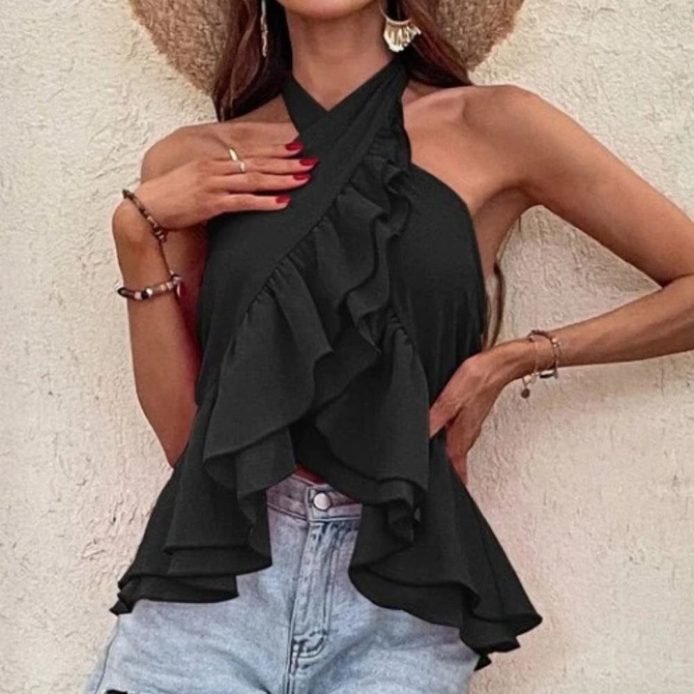 boho Ruffle Hem Halter Shirred Back Blouse Top Black - Picture 4 of 7